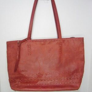 Born Red Leather Double Strap Tote With Tassel Accent Zipper Closure